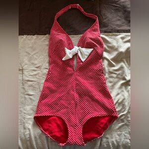 Classic Red Polka Dot Swimsuit with White Bow